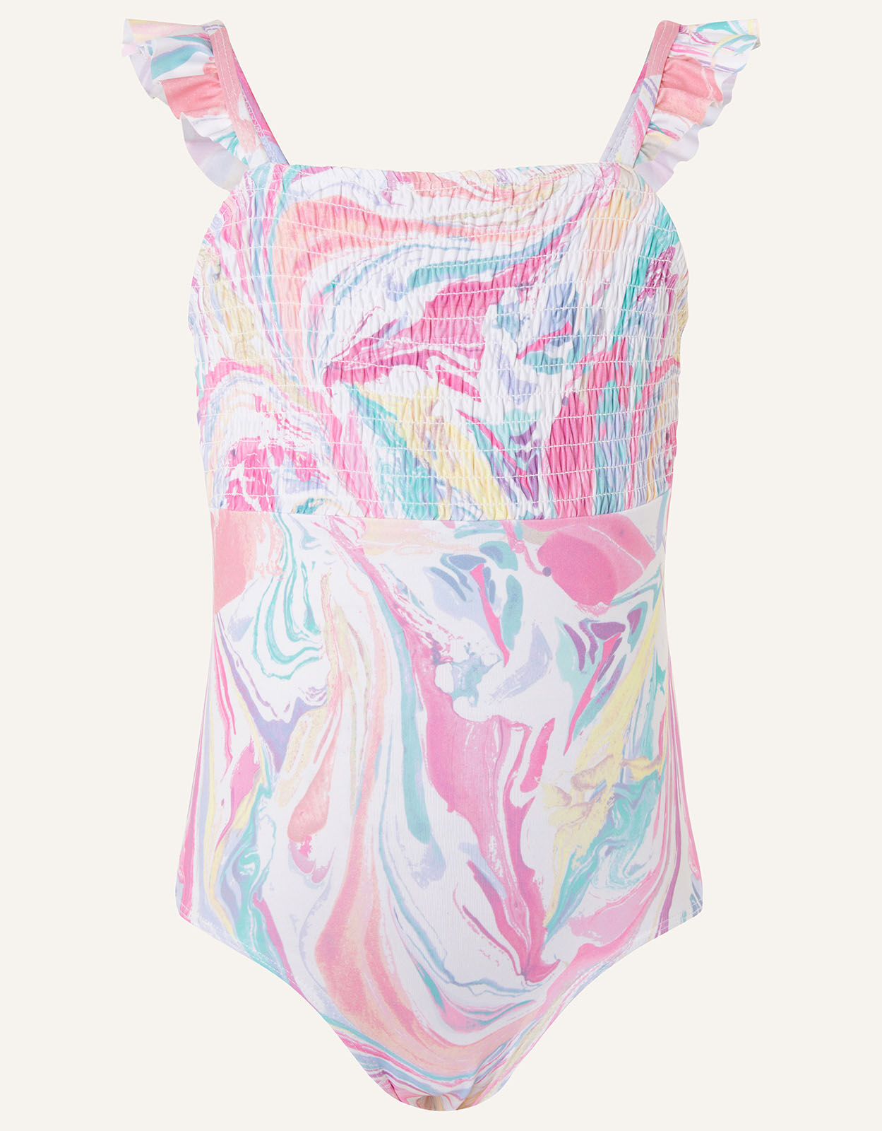 Marble Print Shirred Swimsuit Pink Girls Beach Swimwear Monsoon Global
