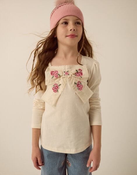 Organza Bow Long Sleeve Top, Cream (CREAM), large