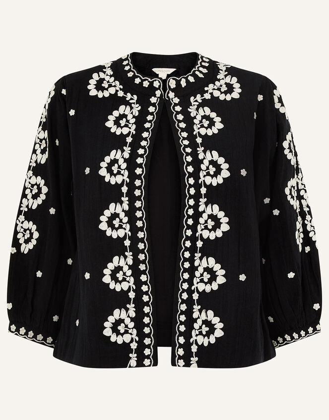 Floral Embroidered Jacket in Organic Cotton, Black (BLACK), large