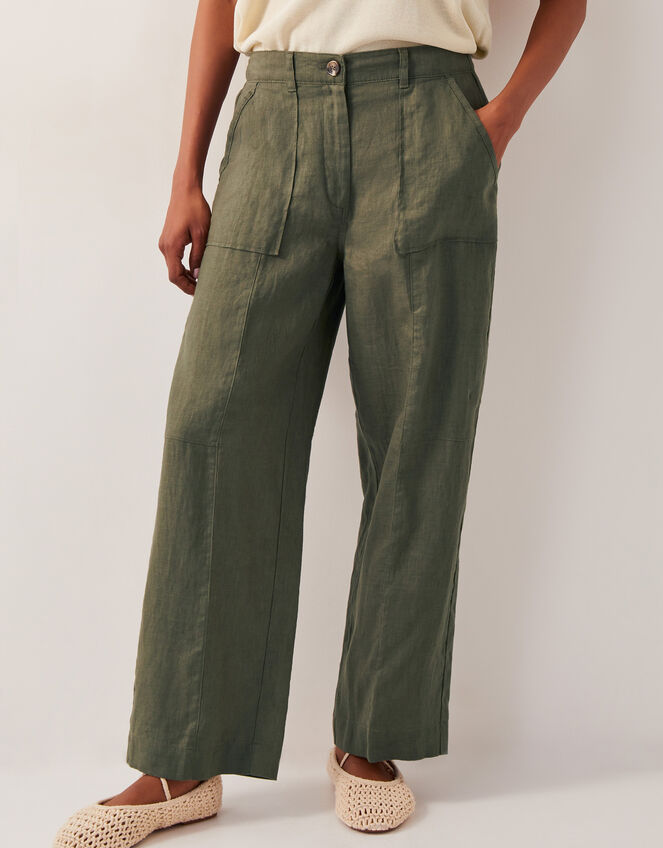 Jolie Short Wide Leg Linen Trousers, Green (KHAKI), large