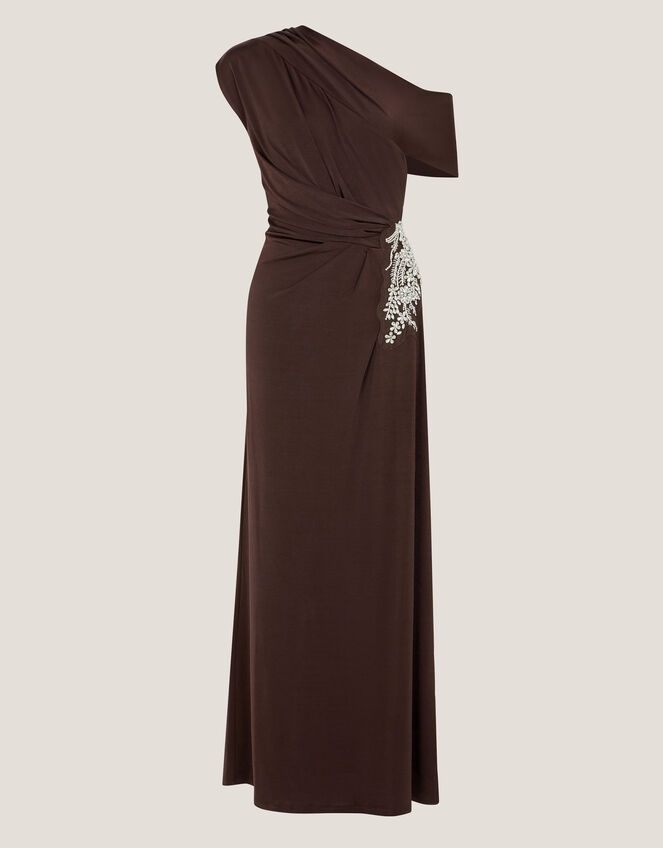 Trina Asymmetrical Embellished Jersey Maxi Dress, Brown (CHOCOLATE), large
