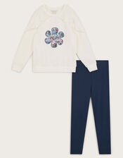 Embroidered Ruffle Sweatshirt and Leggings Set, Cream (CREAM), large