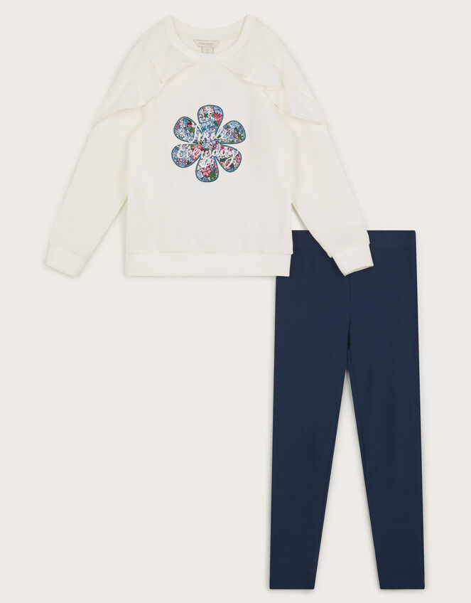 Embroidered Ruffle Sweatshirt and Leggings Set, Cream (CREAM), large