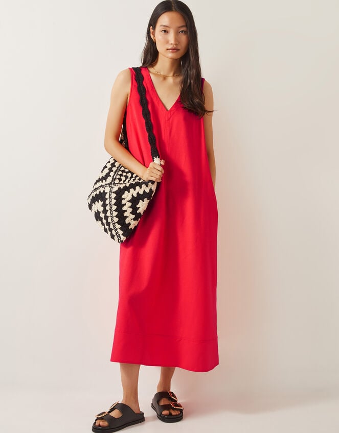 Britt Linen Blend Sleeveless A-Line Midi Dress, Orange (CORAL), large