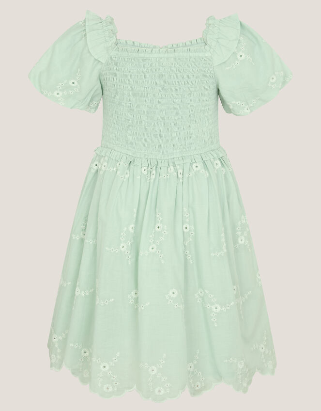 Embroidered Puff Sleeve Smocked Dress, Green (GREEN), large