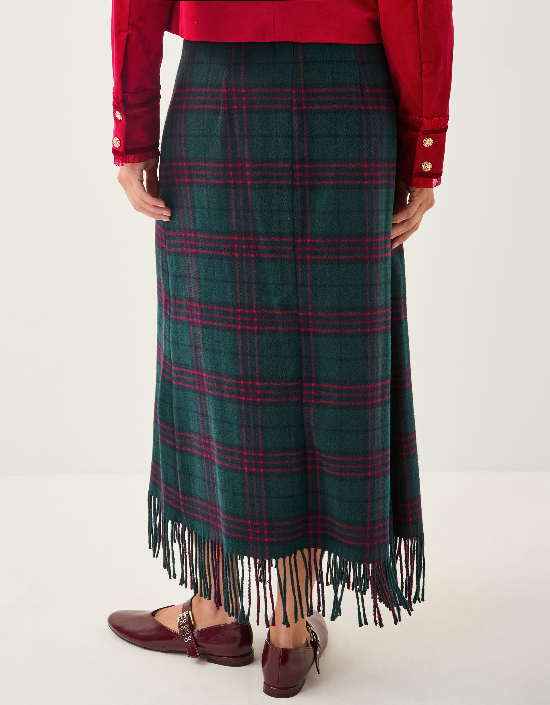 Monsoon x Sarah Corbett-Winder Tartan Fringe Midi Skirt Teal