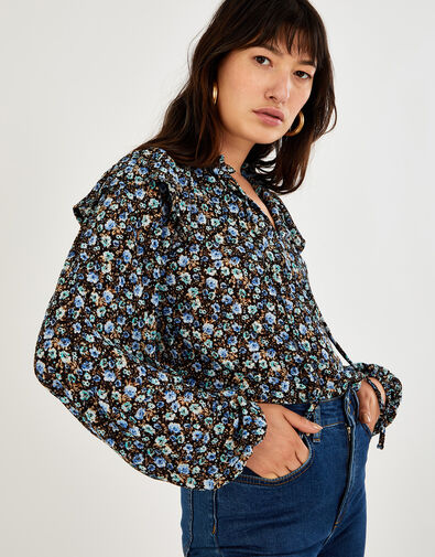 Ditsy Print Ruffle Jersey Top Blue, Blue (BLUE), large