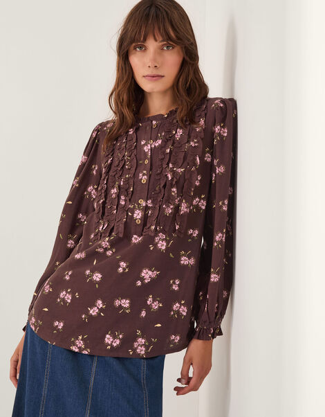 Hanya Floral Print Ruffle Blouse, Brown (BROWN), large
