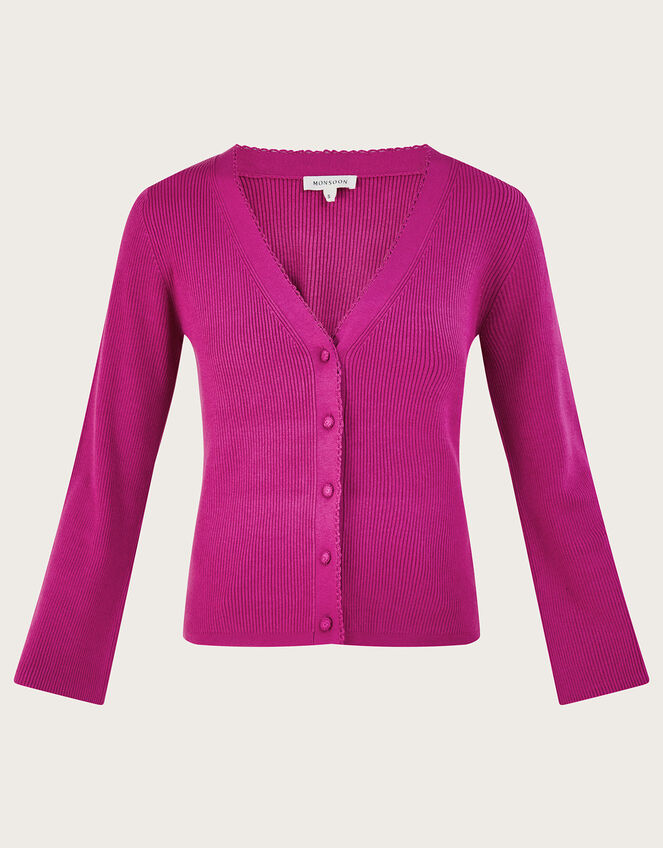 V-Neck Ribbed Cardigan, Pink (PINK), large