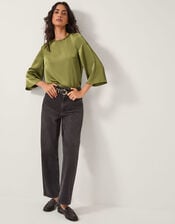 Ingrid Bell Sleeve Satin Blouse, Green (OLIVE), large