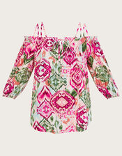 Bardot Ikat Print Top in LENZING™ ECOVERO™, Pink (PINK), large