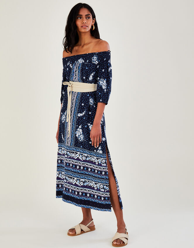 Printed Shirred Off-Shoulder Dress in LENZING™ ECOVERO™, Blue (NAVY), large