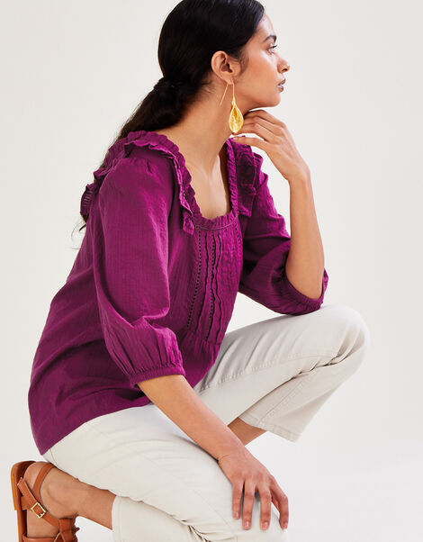 Plain Seersucker Square Neck Top in Sustainable Cotton Purple, Purple (PURPLE), large