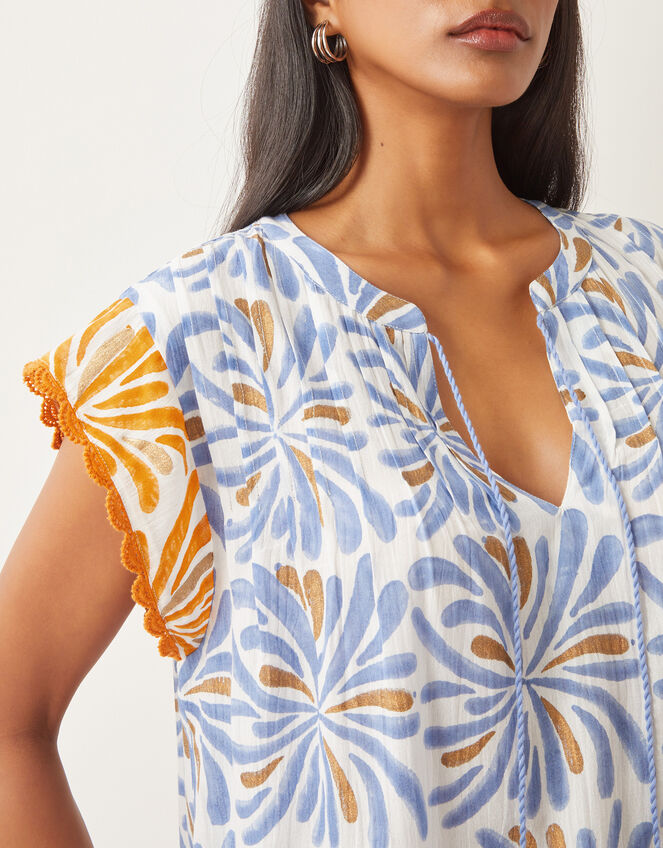 Cece Woodblock Print Top, Blue (BLUE), large