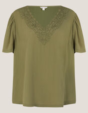 Lisa Embroidered Lace T-Shirt, Green (KHAKI), large