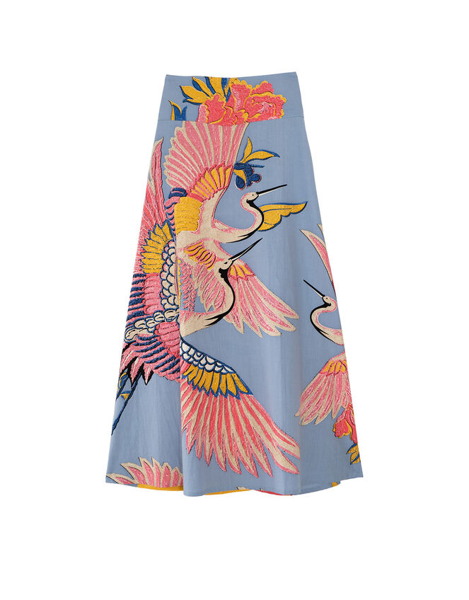 One Hundred Stars Crane Print Midi Skirt, Blue (BLUE), large