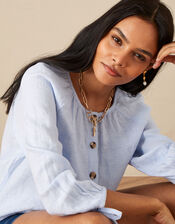 Button Through Chambray Linen Blouse, Blue (BLUE), large