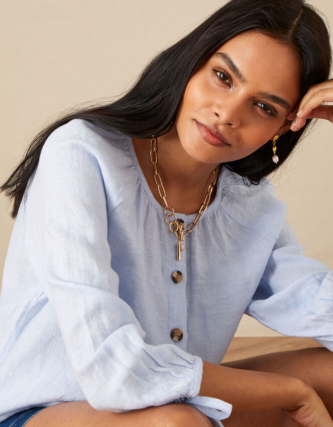 Button Through Chambray Linen Blouse, Blue (BLUE), large