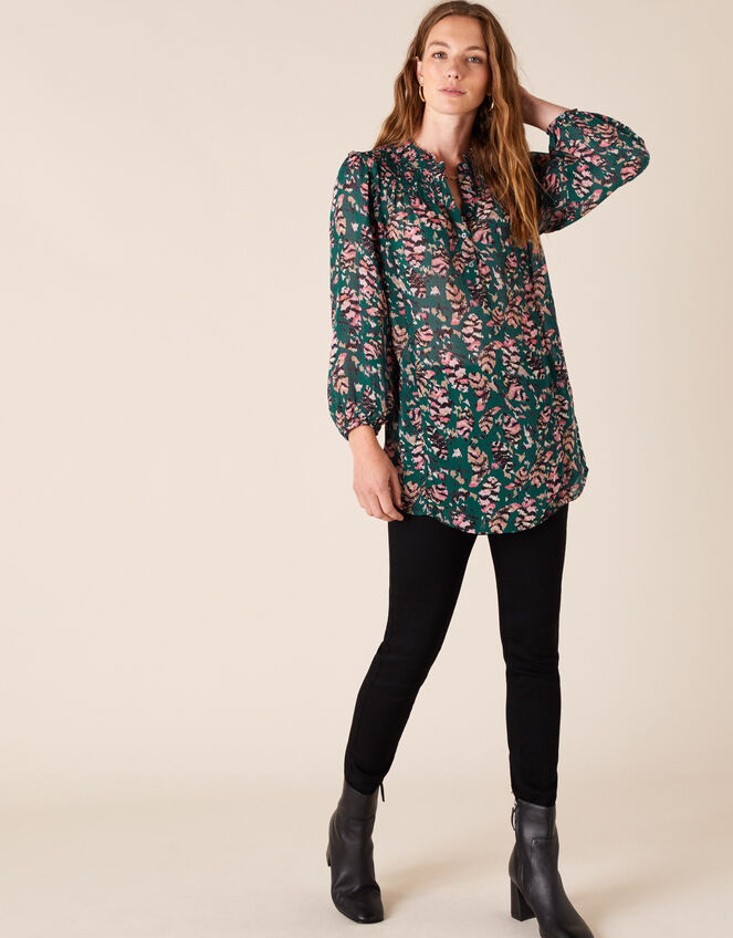 Feather Print Blouse in Sustainable Viscose, Green (DARK GREEN), large