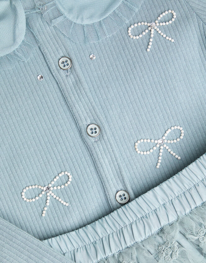 Pearl Bow Top & Appliqu&eacute; Mesh Skirt Set, Blue (BLUE), large