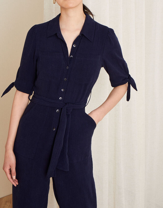 Plain Collared Jumpsuit, Blue (NAVY), large