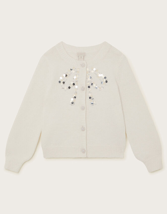Bow Embellished Sequin Cardigan, Cream (CREAM), large