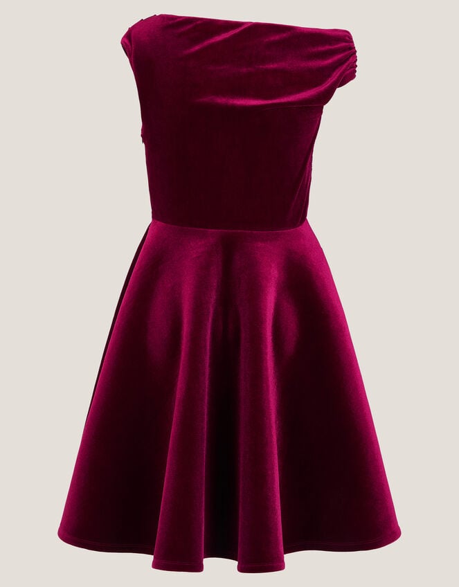 One Shoulder Drape Velvet Party Dess, Red (RED), large