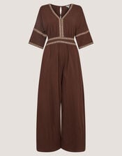 Taryn Embroidered Jersey Jumpsuit, Brown (BROWN), large