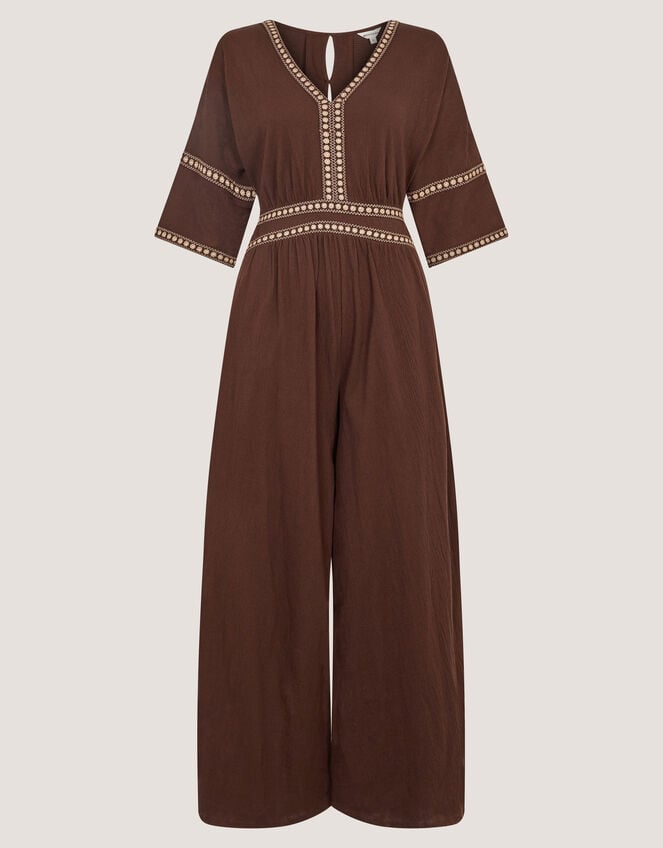 Taryn Embroidered Jersey Jumpsuit, Brown (BROWN), large