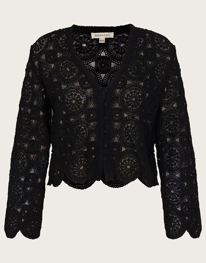 Crochet Crop Cardigan in Sustainable Cotton, Black (BLACK), large