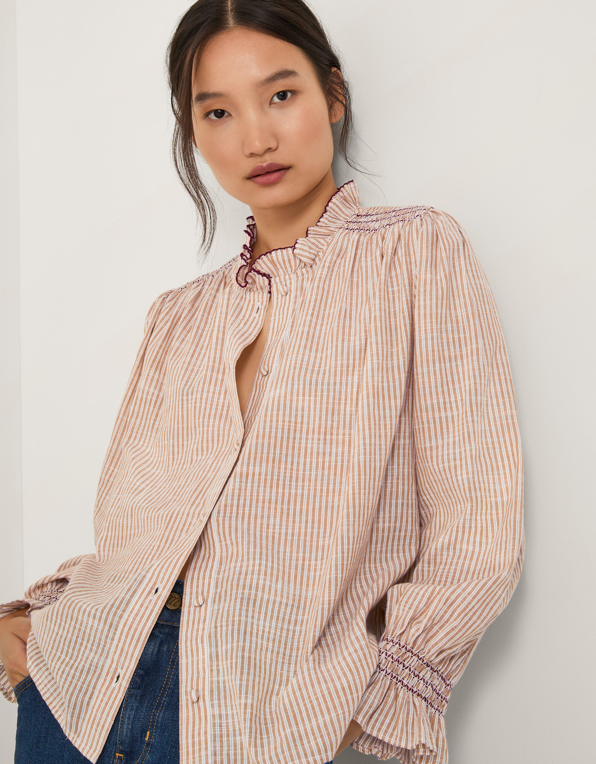 Camel Tiered Ruffle Shirt