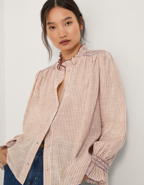 Maeve Ruffle Stripe Shirt, Camel (CAMEL), large