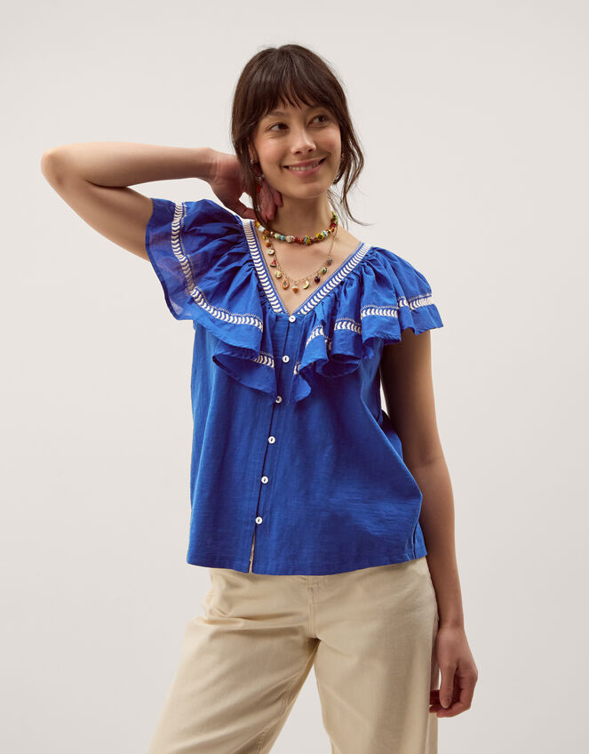 Fenn Embroidered Ruffle Jersey Top, Blue (COBALT), large