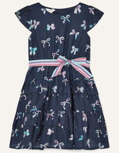 Foil Bow Print Dress with Recycled Polyester, Blue (NAVY), large