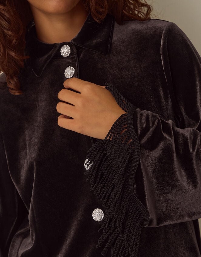 Tami Fringe Cuff Velvet Shirt, Brown (CHOCOLATE), large