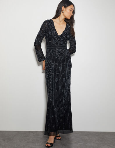 Lorelai Beaded Long Sleeve Maxi Dress, Black (BLACK), large