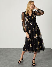 Teri Embroidered Midi Dress in Recycled Polyester, Black (BLACK), large