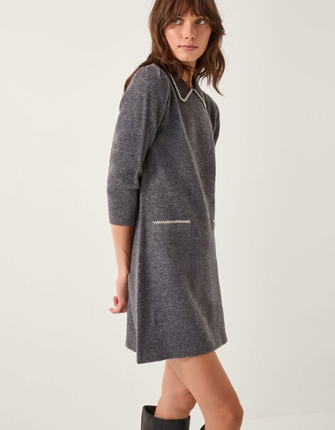 Ebony Embellished Collar Knit Mini Dress, Grey (GREY), large
