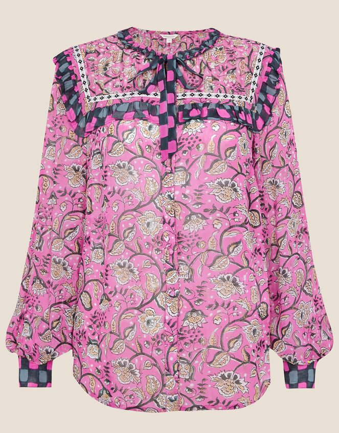 Woodblock and Floral Print Blouse, Pink (PINK), large