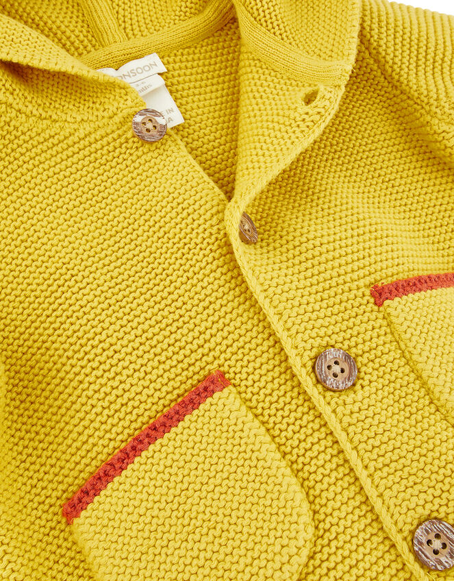Newborn Baby Lion Cardigan in Knitted Cotton, Yellow (MUSTARD), large