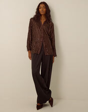 Shelby Sequin Fringe Satin Shirt, Brown (CHOCOLATE), large