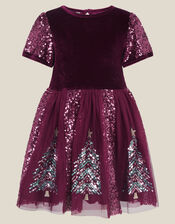 Christmas Tree Sequin Velvet Party Dress, Red (BURGUNDY), large