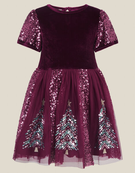 Christmas Tree Sequin Velvet Party Dress, Red (BURGUNDY), large