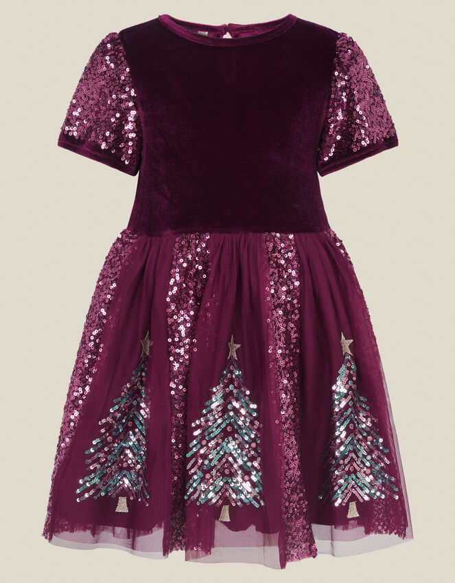 Christmas Tree Sequin Velvet Party Dress, Red (BURGUNDY), large