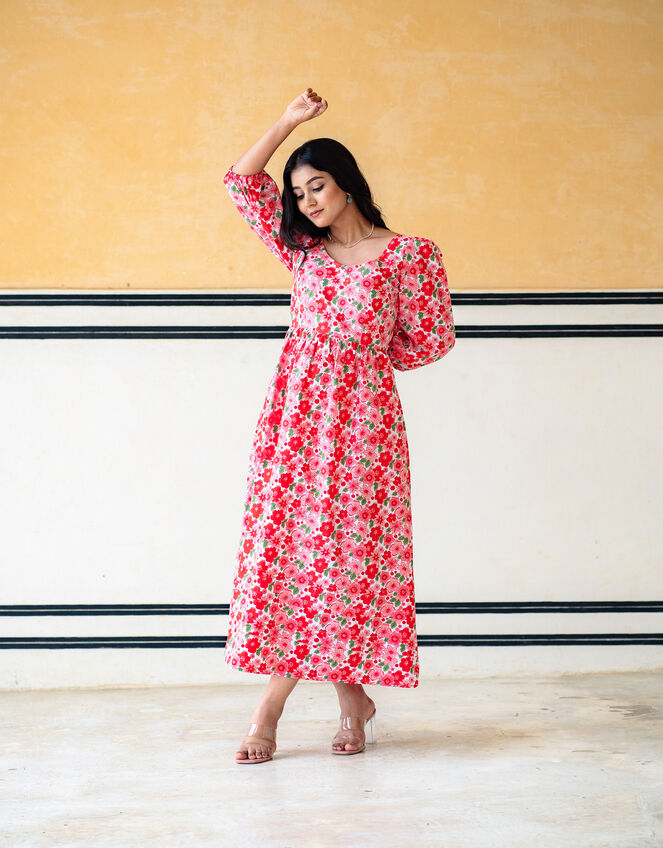 India & Mills Lottie Poppy Print Midi Dress, Pink (PINK), large