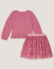 Sequin Butterfly Long Sleeve Top & Disco Skirt Set, Pink (PINK), large