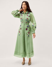 Orla Floral Embroidered Midi Shirt Dress, Green (GREEN), large