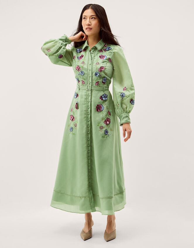 Orla Floral Embroidered Midi Shirt Dress, Green (GREEN), large
