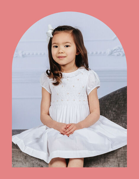 Trotters Willow Rose Hand Smocked Dress, White (WHITE), large