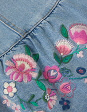 Embroidered Frill Denim Dress, Blue (BLUE), large